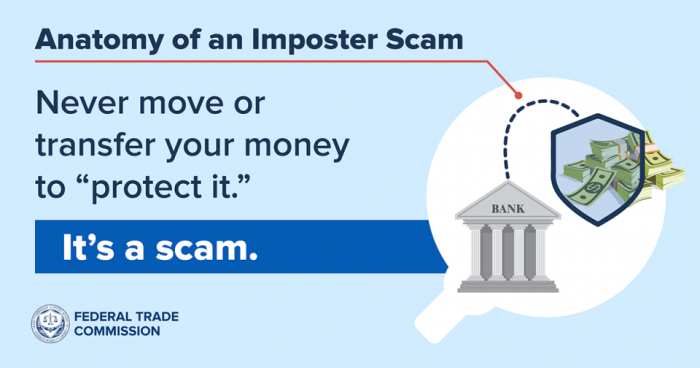 image with text stating anatomy of an imposter scam never move or transfer your money to protect it its a scam