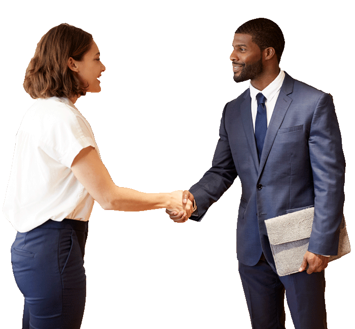 Man and woman business persons shaking hands