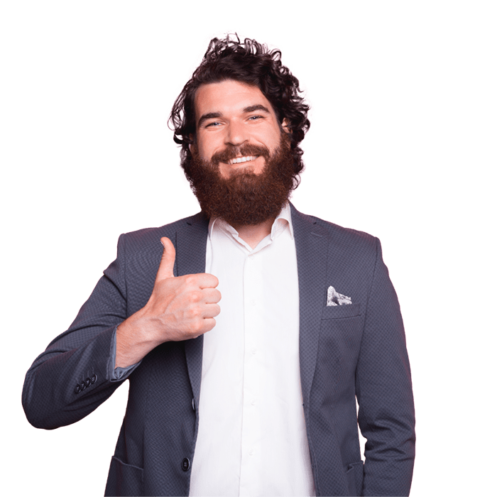 Man with beard wearing suit and giving thumbs up